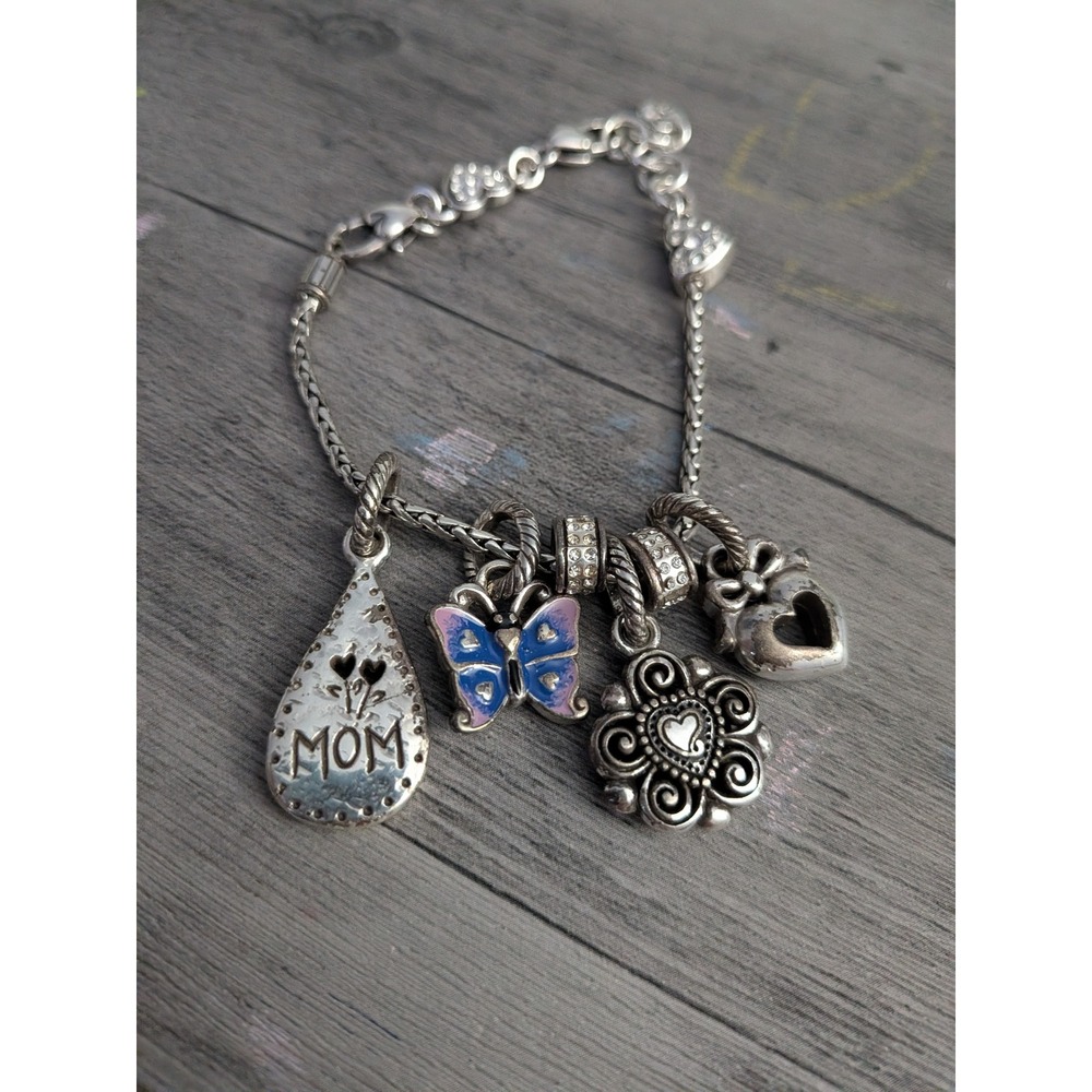 Brighton Silver Tone Mom Charm Bracelet Butterfly Heart Flower Crystal Accents